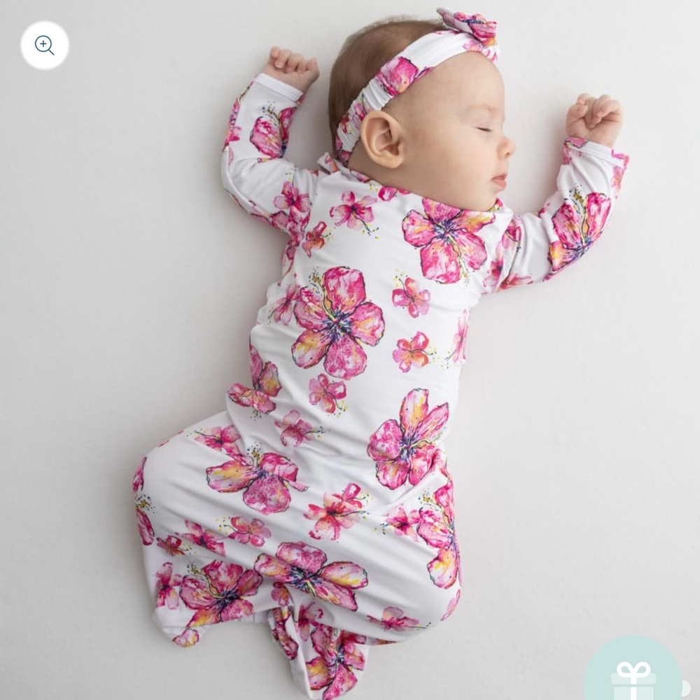 CocoMoon Bamboo Layette Gown Newborn Pink Hibiscus Kiss Print